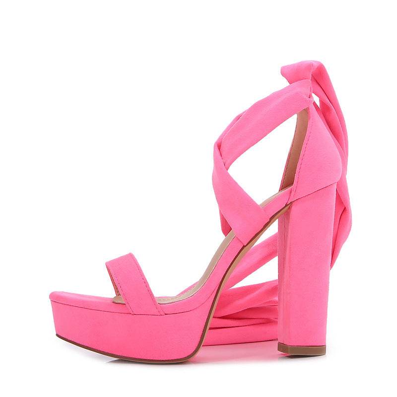 Women's Solid Color Peep-toe Waterproof Platform Bag Heel Chunky Heel High Heels - Mubimart