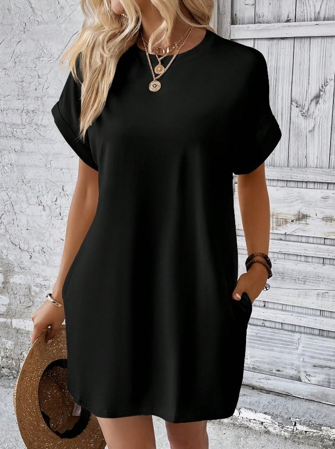 Loose Short Sleeve Dress With Pockets Summer Casual Solid Color Round Neck Straight Dresses Womens Clothing - Mubimart -  