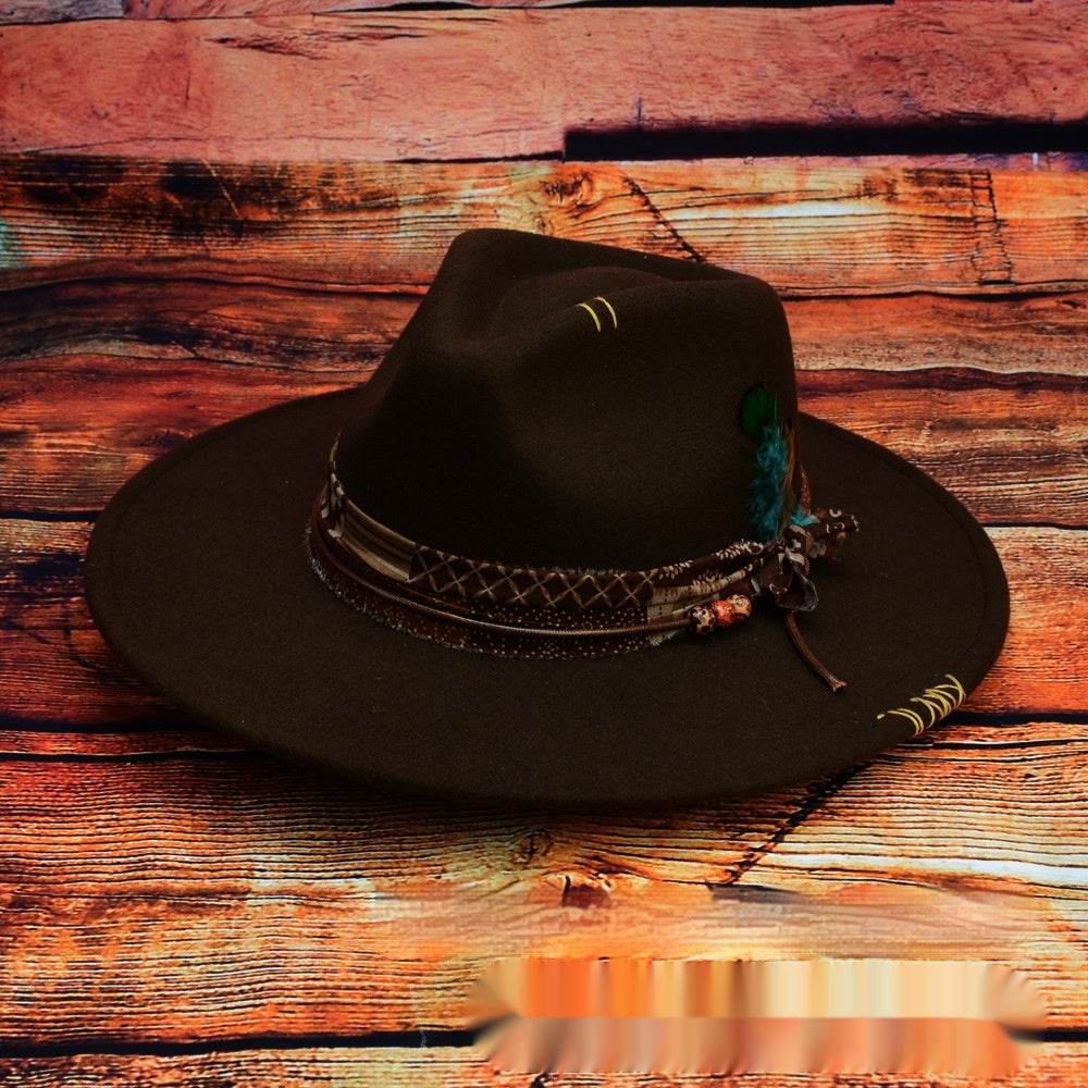 Western Original Design Manual Sewing Needle Woolen Felt Hat High-end And Fashionable Feather Model Fedora Hat - Mubimart
