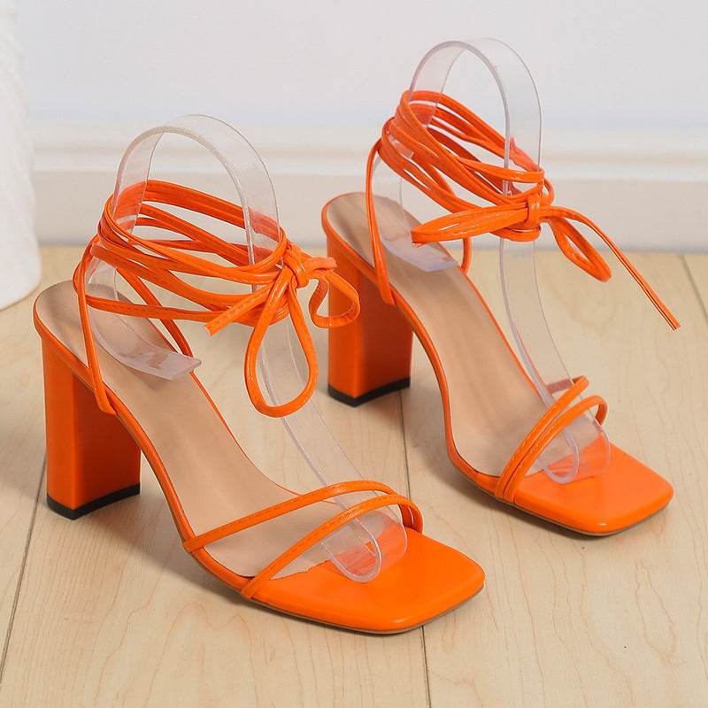 Women's Fashion Simple Square Head Strappy High Heels - Mubimart