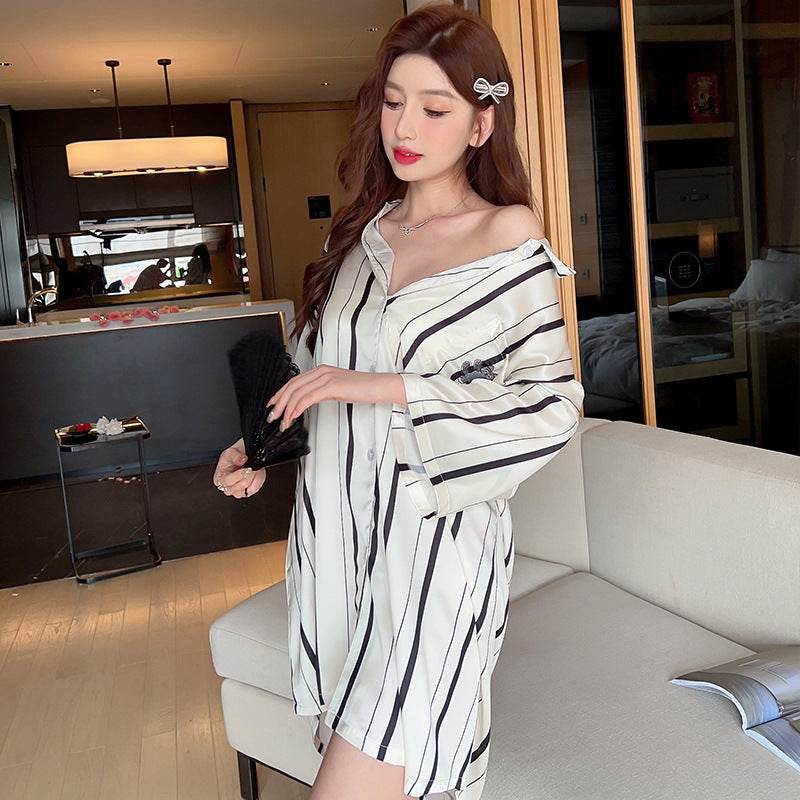 Striped Shirt Dress Short Sleeve Plus Size Loose Pajamas For Women - Mubimart