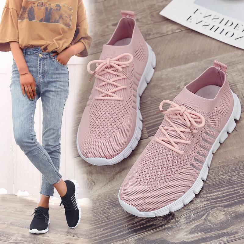 Casual Ladies Shoes Breathable Women Flying Knit Sports Shoes Flat Shoes - Mubimart