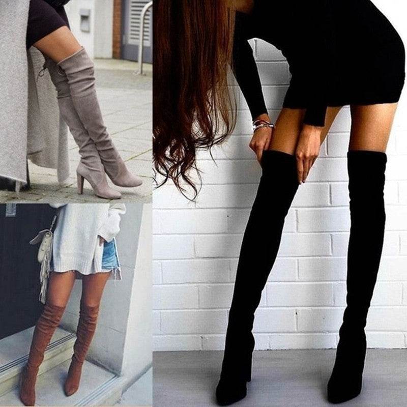 Pointed Toe Chunky Heel Over-the-knee Boots Springy Thigh Boot Women - Mubimart
