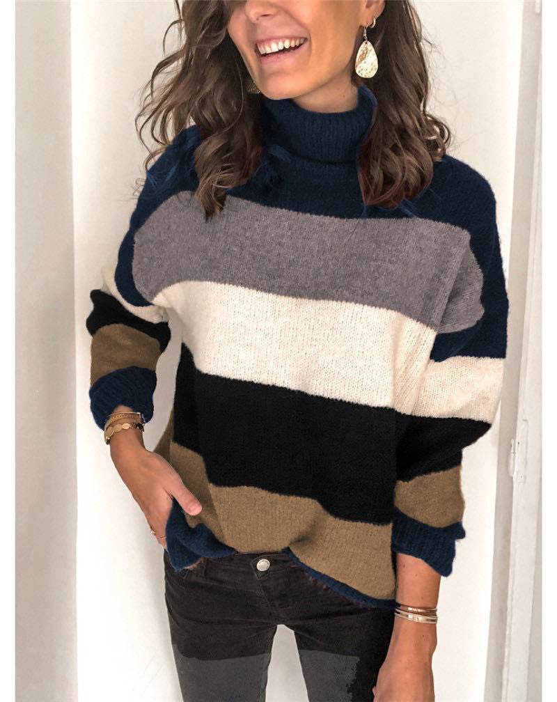 Turtleneck Stitching Knitted Sweater OL Large Size Striped Sweater - Mubimart