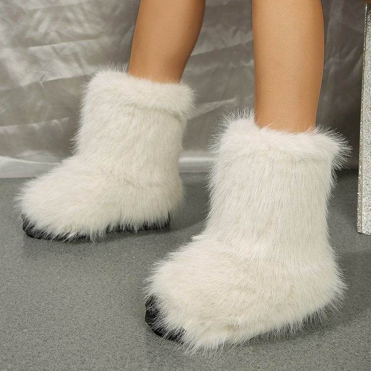 Fashion Long Plush Snow Boots Winter Warm Mid-tube Furry Cotton Shoes For Women Short Boot - Mubimart