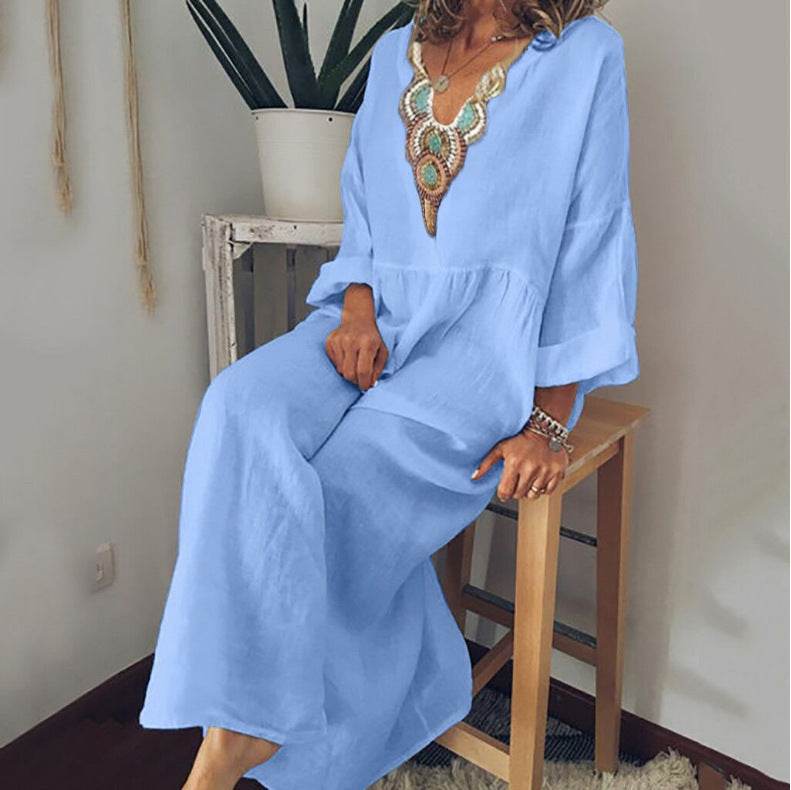 Loose Plus Size Casual Printed Long Sleeve Dress - Mubimart