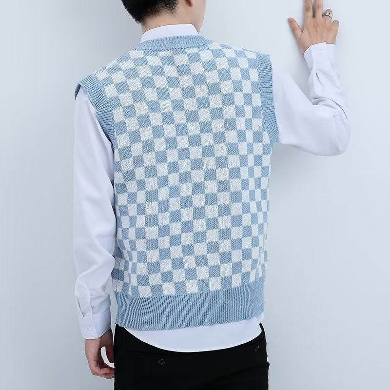 V-neck Knitted Boys' Checkered Sweater Vest - Mubimart