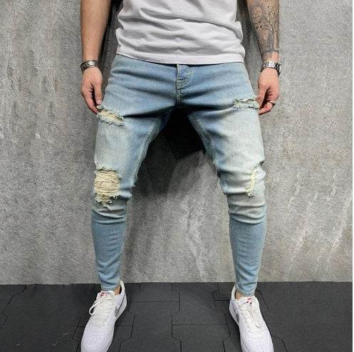 Fashion Light Blue Ripped Slim Fit Jeans - Mubimart