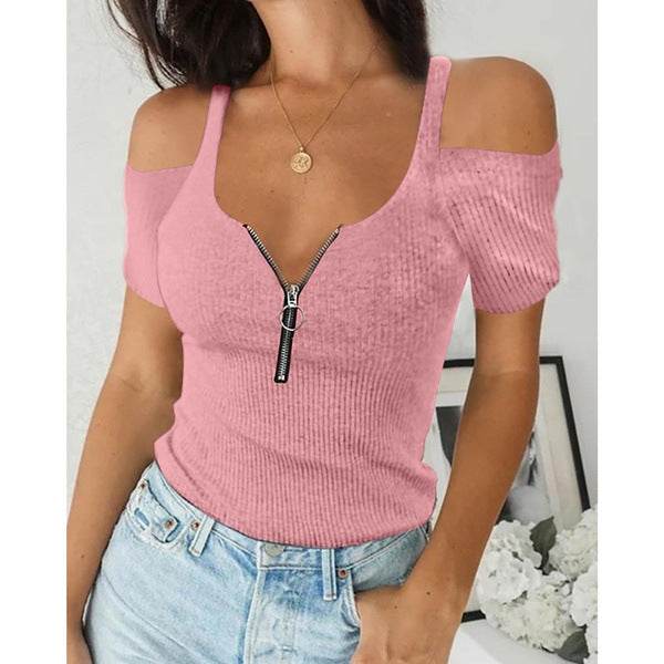 Plus Size Short Sleeve Zipper Short T-Shirt - Mubimart