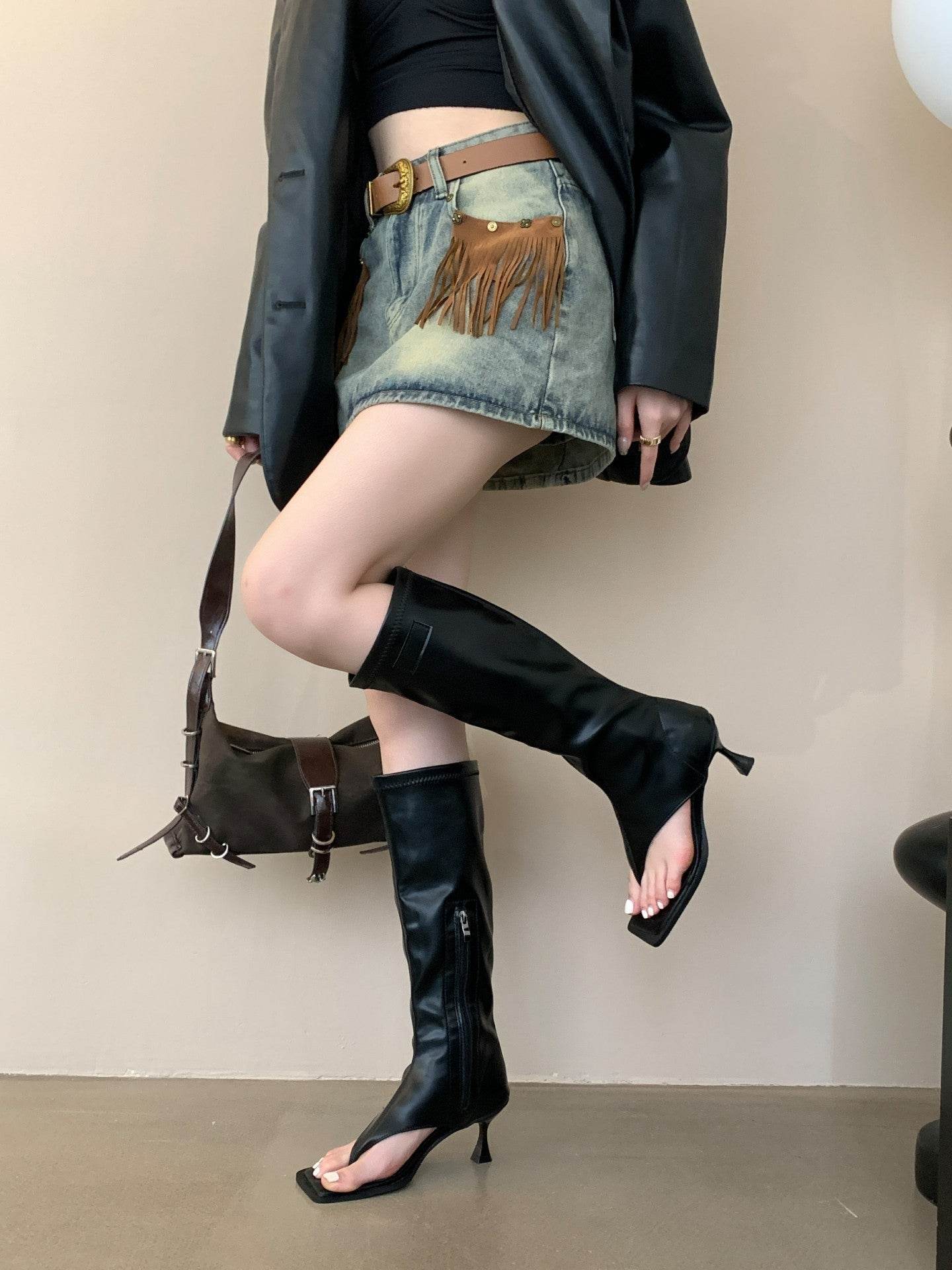 High Heel Sandal Toe Covering Leather Boots All-matching Outer Wear - Mubimart