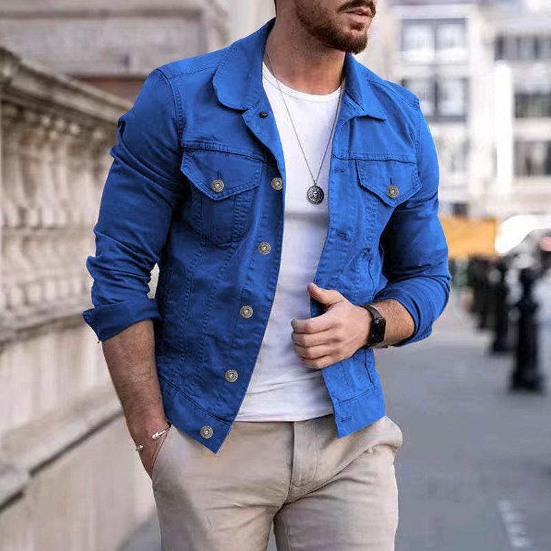 Mens Slim Fit Denim Lapel Jacket - Mubimart