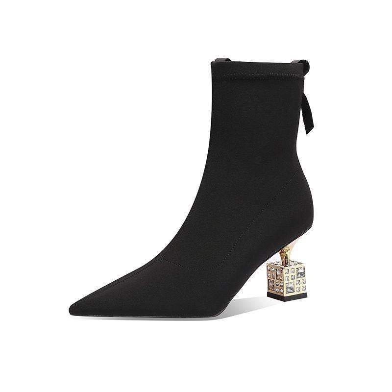 Women Pointed Toe Mid-calf High-heeled Skinny Boots - Mubimart