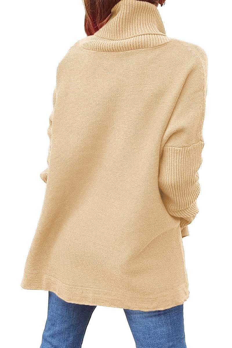 Turtleneck Sweater Mid Length Batwing Sleeve Slit Hem Tunic Pullover Sweaters Winter Tops Women Clothing - Mubimart