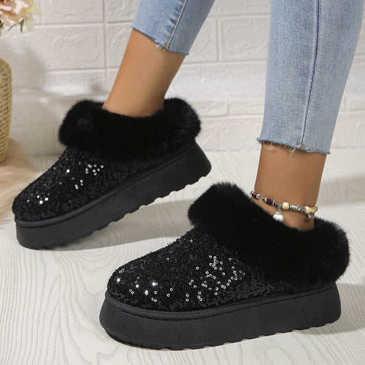 Fashion Sequined Thick-soled Plush Shoes Winter Indoor And Outdoor Casual Warm Slippers Women Garden House Shoes - Mubimart