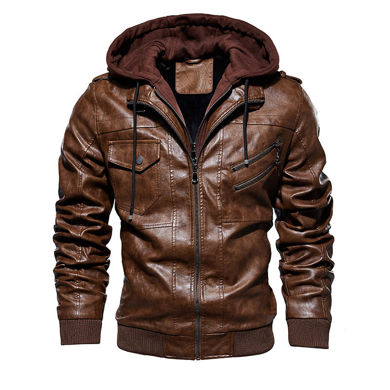 Men's Leather Jacket Men's PU Leather Hooded Leather Jacket