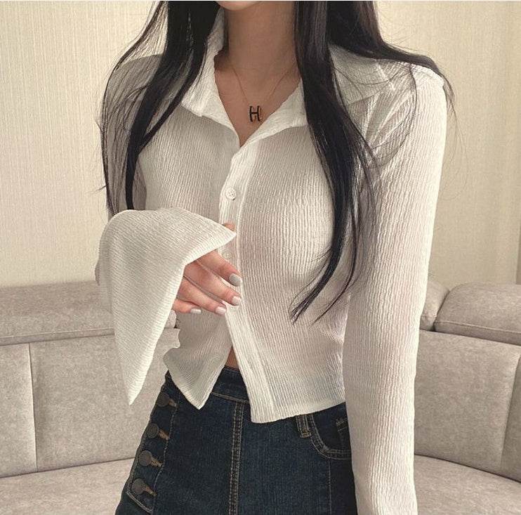 Long Sleeved Slim Lapel T-shirt For Women - Mubimart