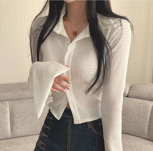 Long Sleeved Slim Lapel T-shirt For Women - Mubimart
