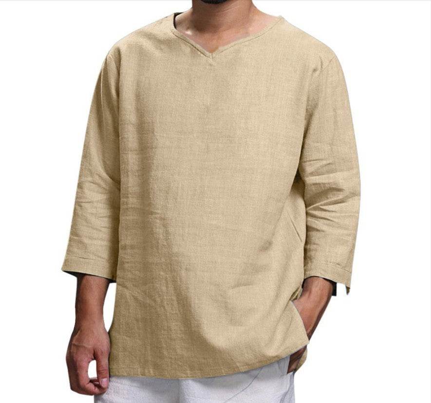 Loose Casual V-neck Top Cotton And Linen Long Sleeve Pullover Shirt Mens Clothing - Mubimart