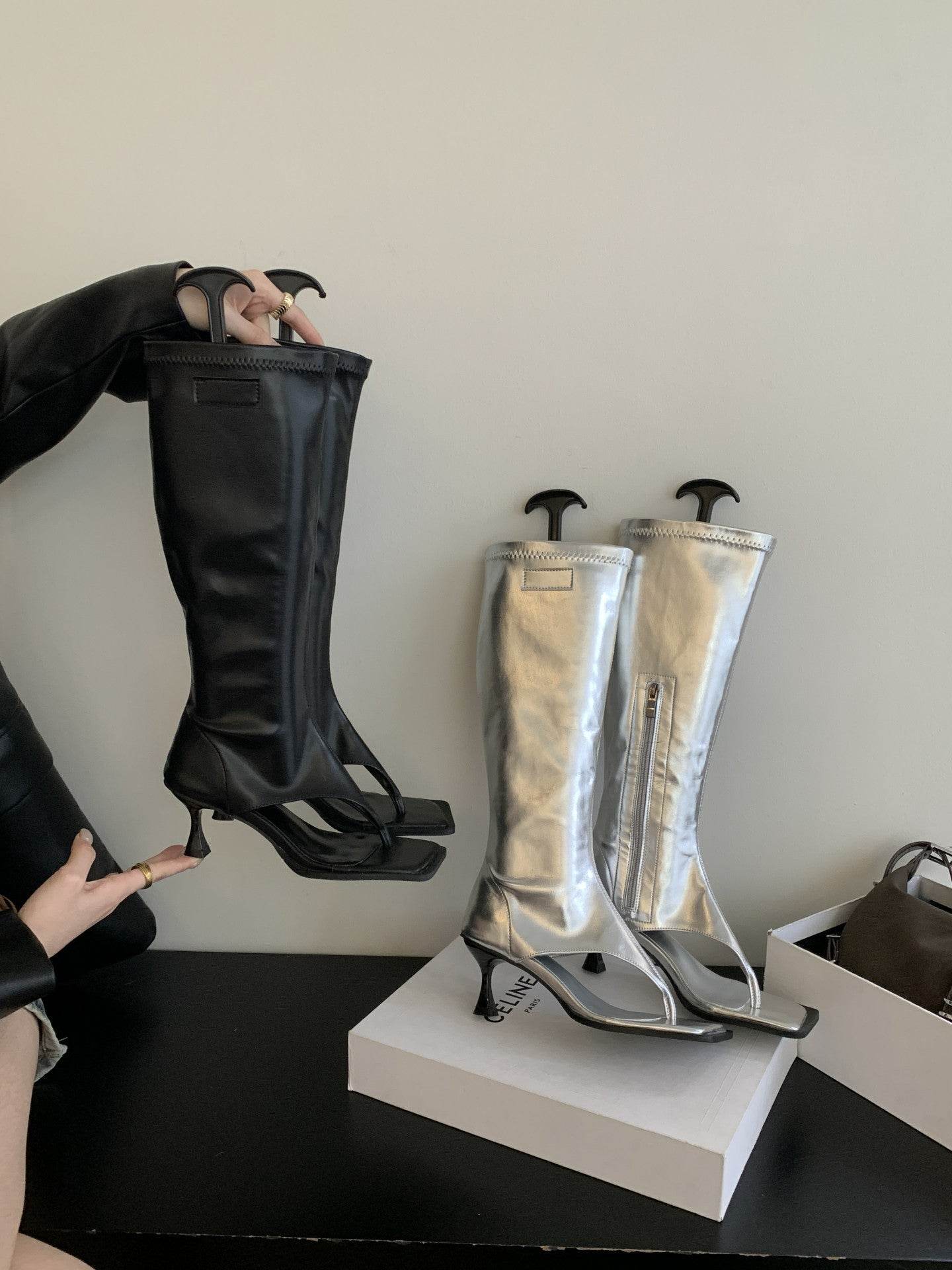 High Heel Sandal Toe Covering Leather Boots All-matching Outer Wear - Mubimart