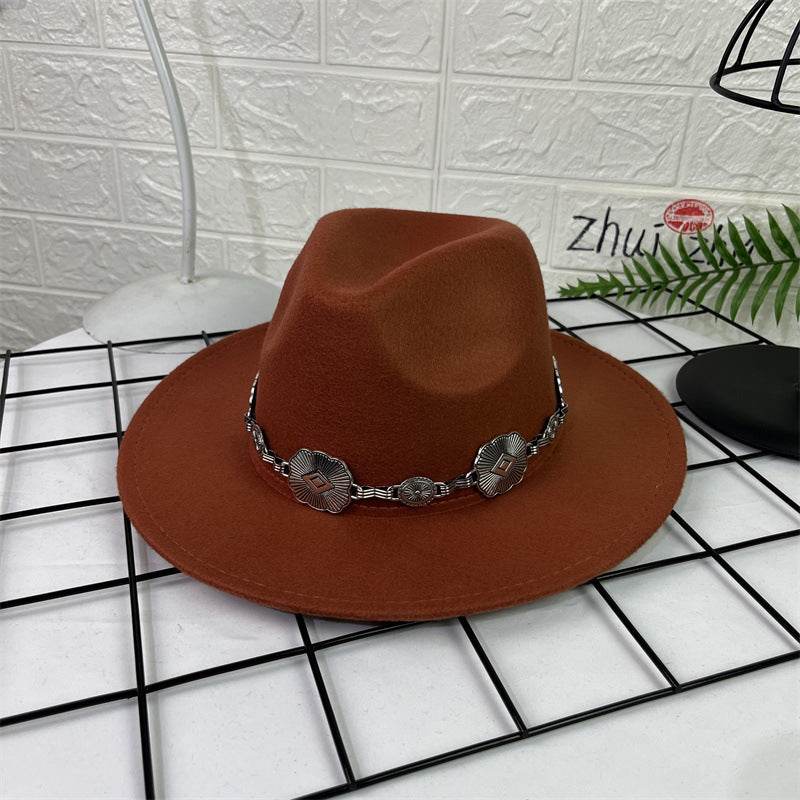 Hat Silver Square Chain Top Hat Wide Brim Flat Edge Woolen Fedora Hat - Mubimart