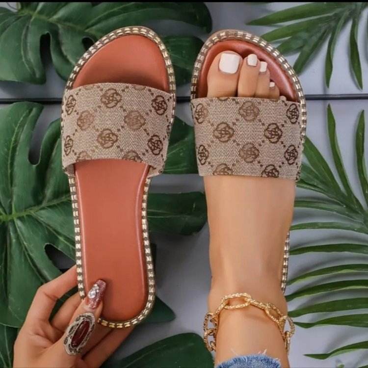 Summer Flower Print Flat Sandals For Women Non-slip Slides Slippers Vacation Casual Beach Shoes - Mubimart