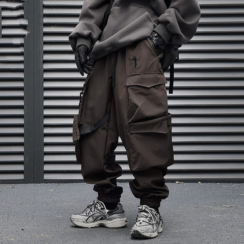 Men's Loose Casual Pocket Trousers With Ribbon Cargo Jogger Pants