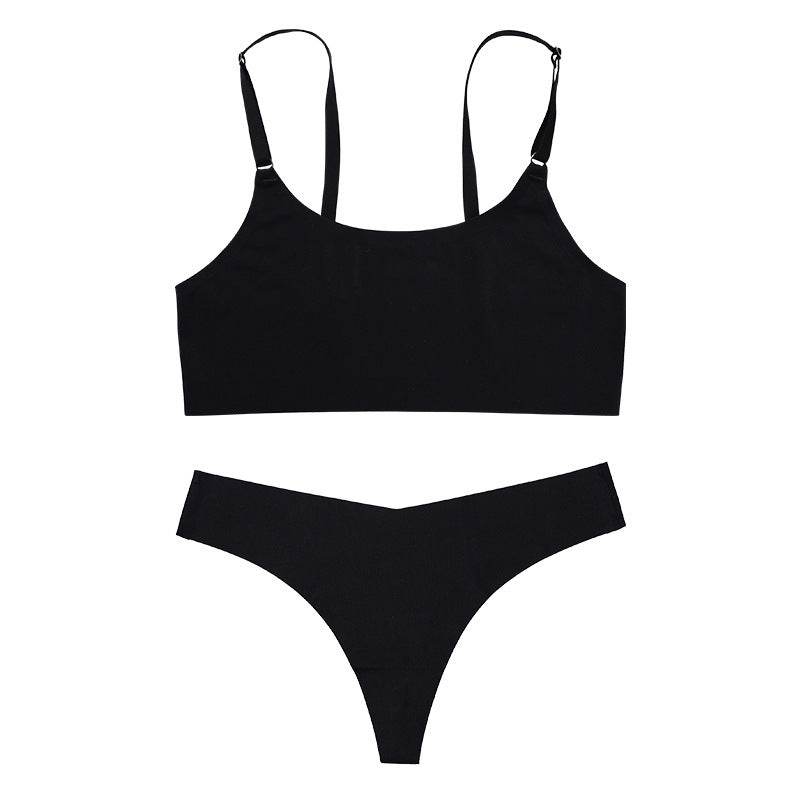 Women Seamless Bra Set Sexy Thong Low Waist Panties Wire Free Bra Bralette Lingerie Brassiere Ice Silk Female Underwear Set - Mubimart