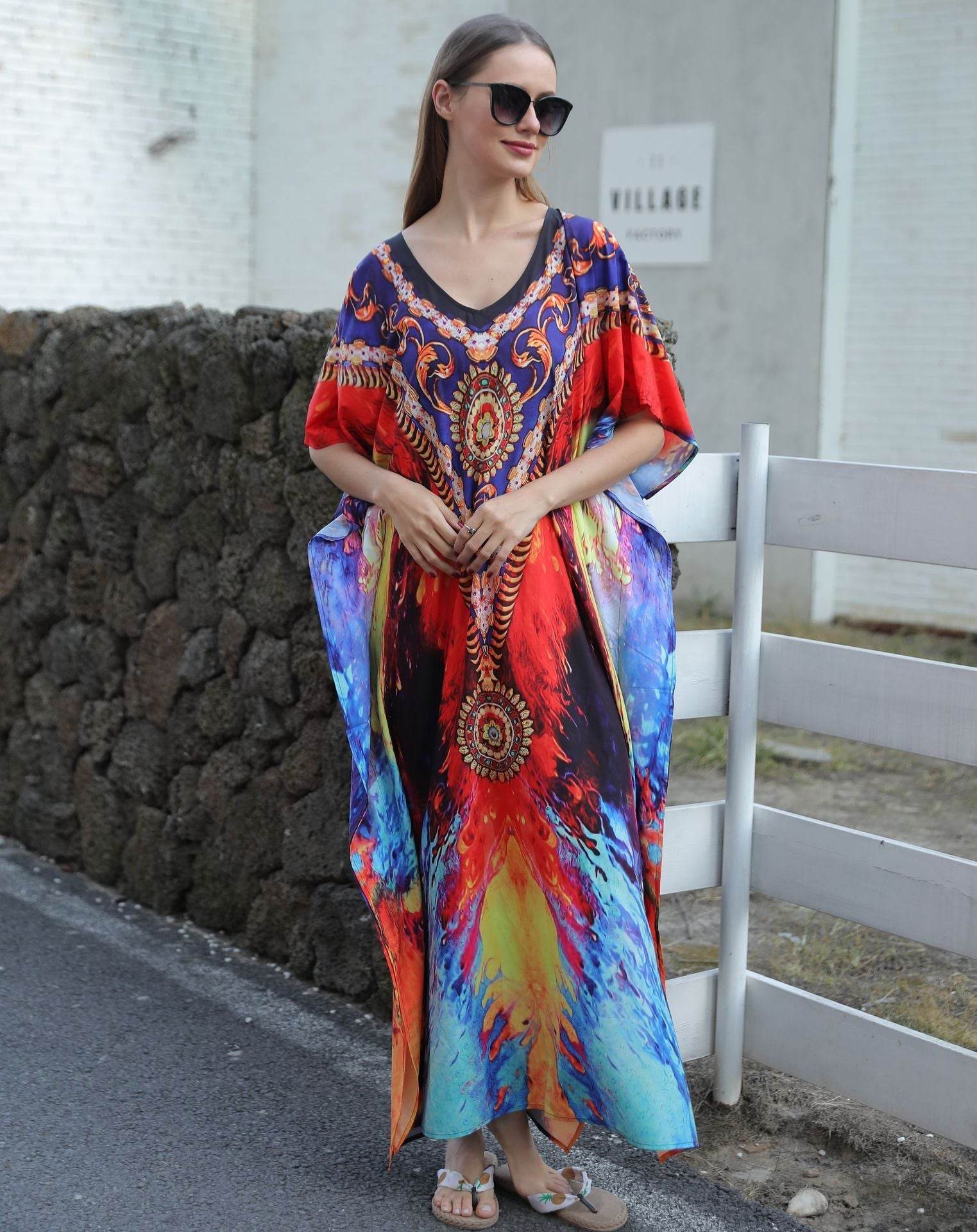 Plus Size Kaftan Beach Cover-ups Loose Summer Maxi Dress - Mubimart