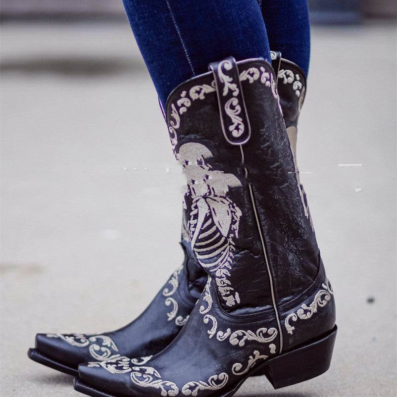 Skull Tall Pointed Toe Chunky Mid Heel Martin Boots - Mubimart