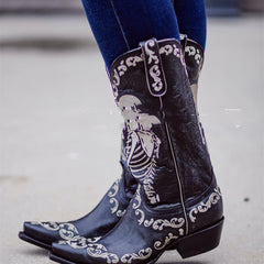 Skull Tall Pointed Toe Chunky Mid Heel Martin Boots