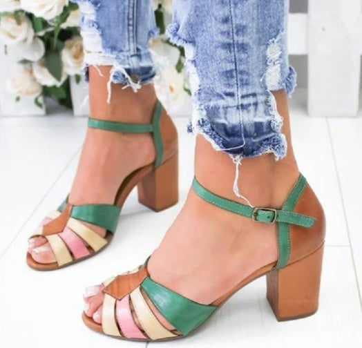 Women's Sandals With Block Heel And Color Block Buckle