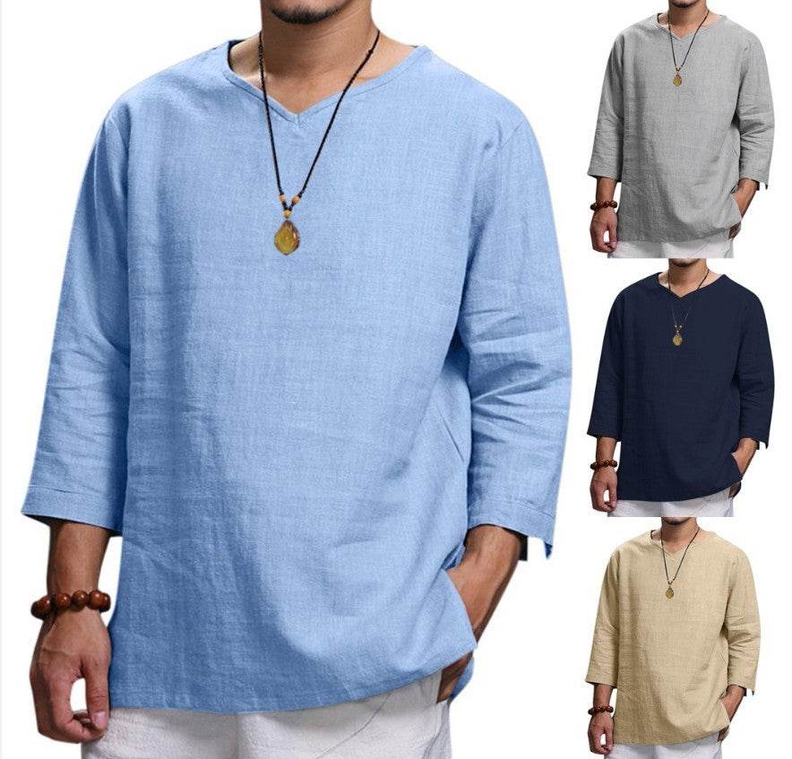 Loose Casual V-neck Top Cotton And Linen Long Sleeve Pullover Shirt Mens Clothing - Mubimart