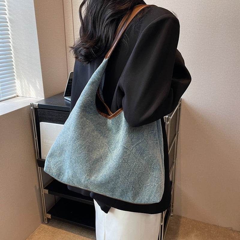 Denim Canvas Bucket Bag Fashion Large Capacity Shoulder Bags For Women Tote Handbag Female Shopping Bags - Mubimart