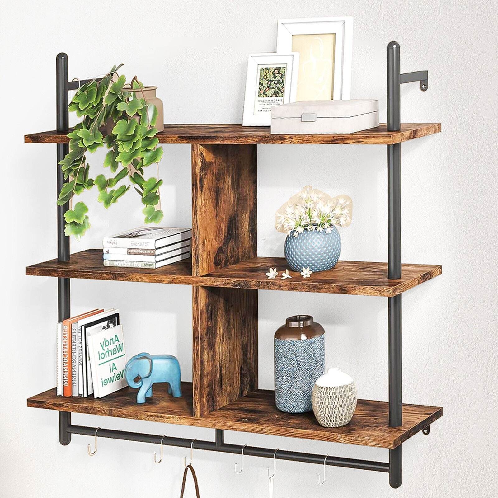 3 Tier Floating Shelves Metal Brackets Wall Mounted Shelf Over Toilet Bathroom - Mubimart