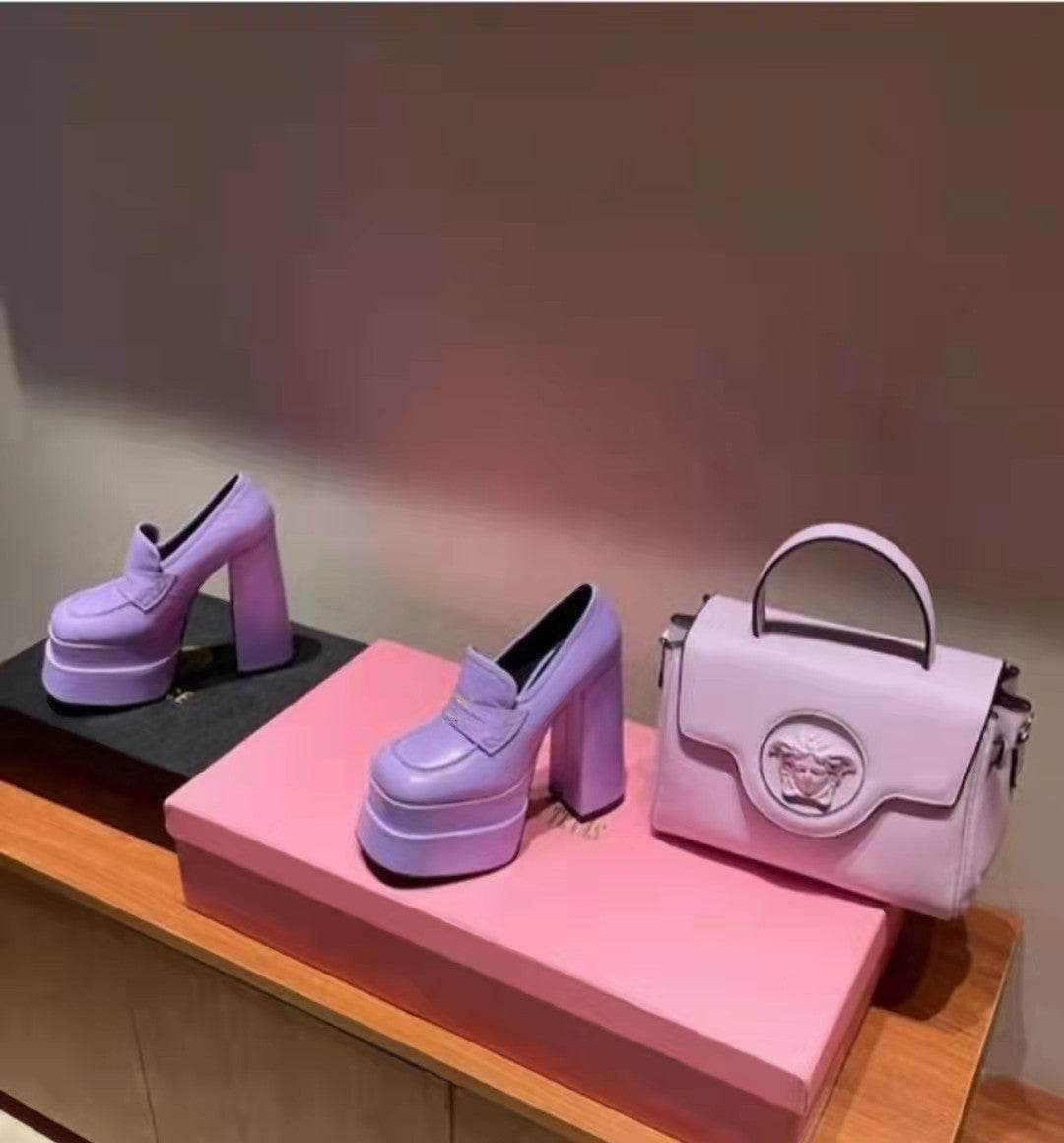 Square Toe Chunky High Heels Double Platform - Mubimart