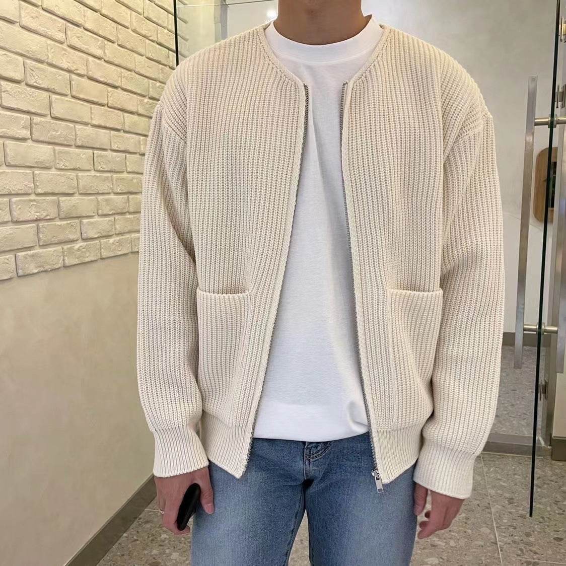 Men Zip Up Knitted Cardigan Lined Funnel Neck Jumper Sweater Pockets Coat All Seasons Comfortable Soft Long Sleeve - Mubimart