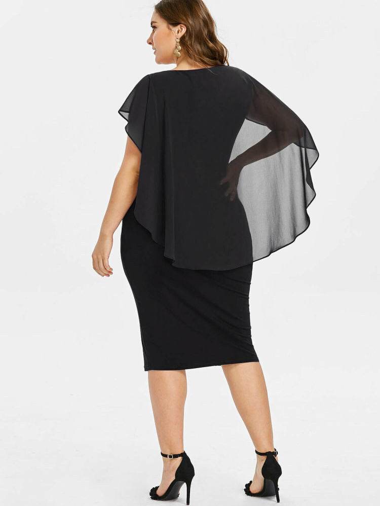 Round Neck Short Sleeve Chiffon Shawl Tight-Fitting Plus Size Dress Women - Mubimart