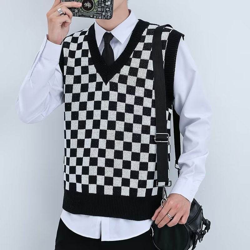 V-neck Knitted Boys' Checkered Sweater Vest - Mubimart