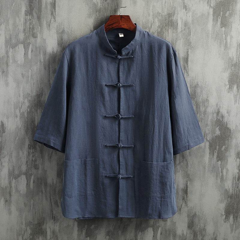 Stand Collar Linen Men's Short Sleeve Cotton Linen Shirt - Mubimart