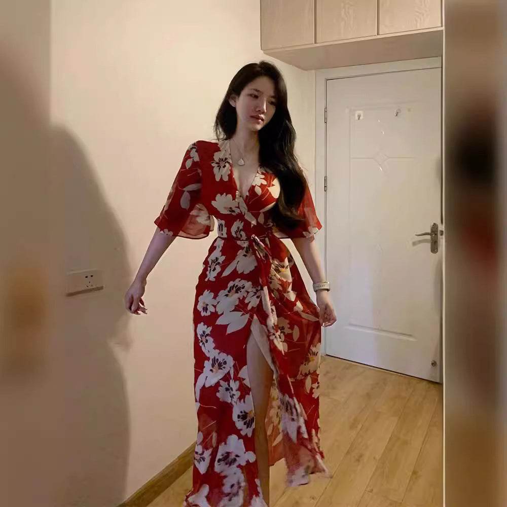 Plus Size Red For Women Printed V-neck Dress - Mubimart