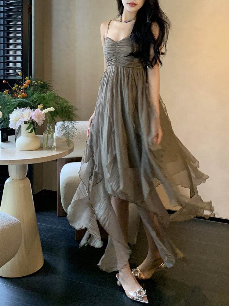 Pleated Irregular Elegant Midi Dress - Mubimart