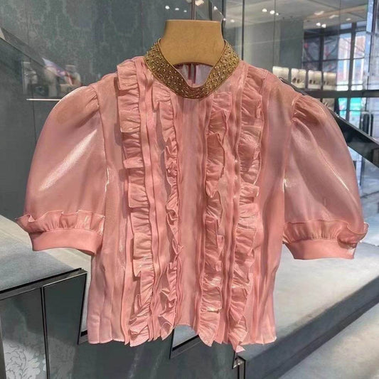 Ruffle Stitching Puff Sleeve Sweet French Tunic Women - Mubimart