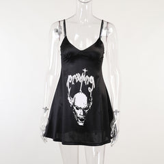 Women's Satin Dark Skull Print Slip Dress - Mubimart -  