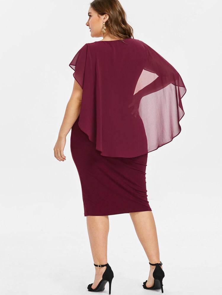 Round Neck Short Sleeve Chiffon Shawl Tight-Fitting Plus Size Dress Women - Mubimart