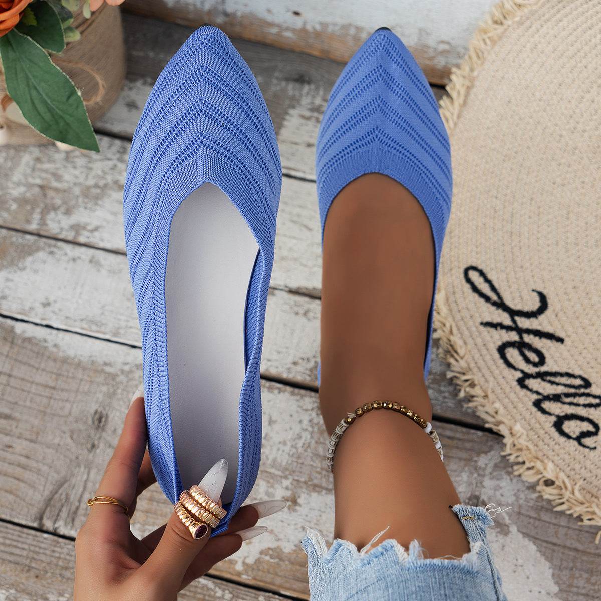 Pointed Toe Bottom Flat Heel Casual Knitted Shoes - Mubimart