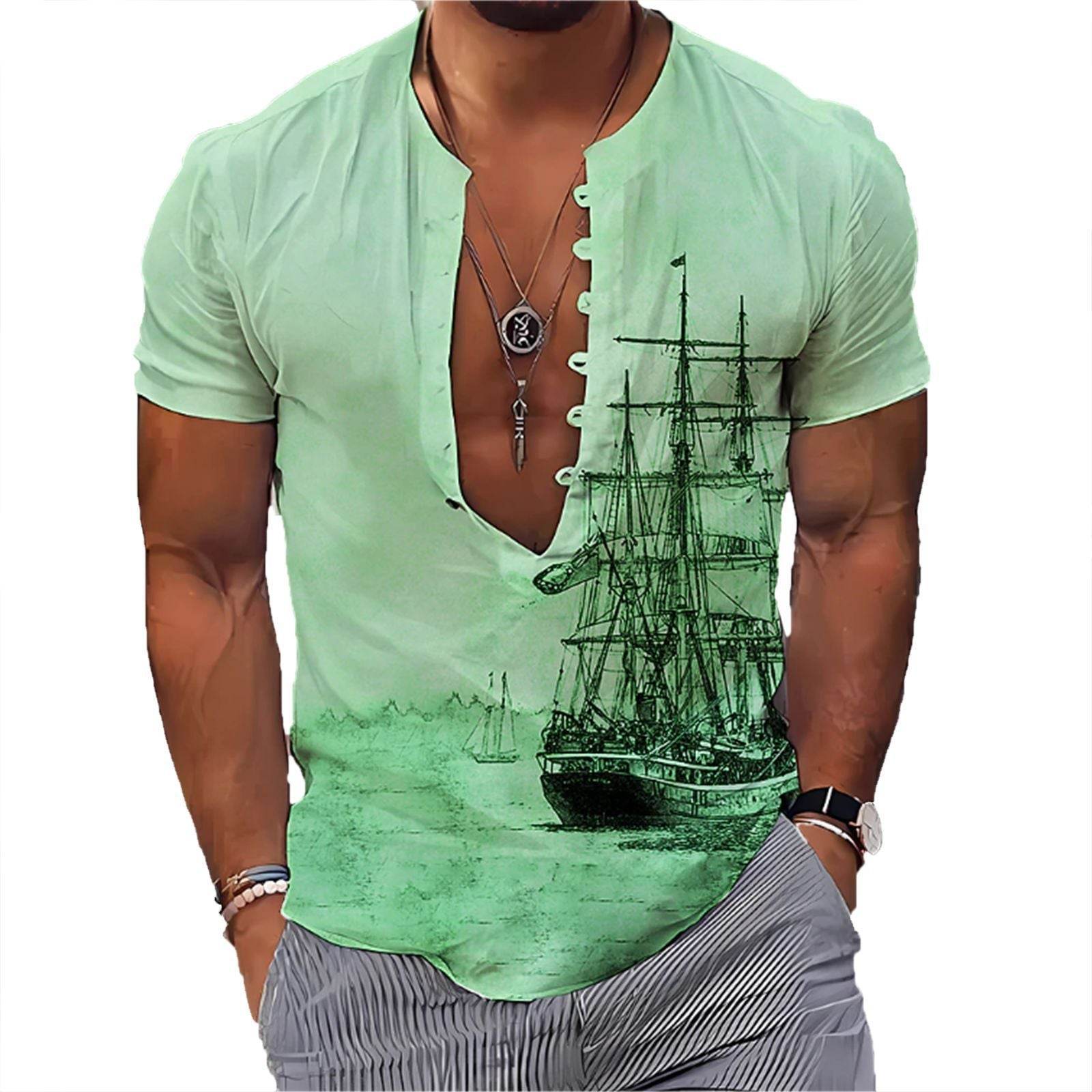 Men's Fashion 3D Vintage Print Sailboat Stand Collar Long Sleeve Button-down Shirt - Mubimart