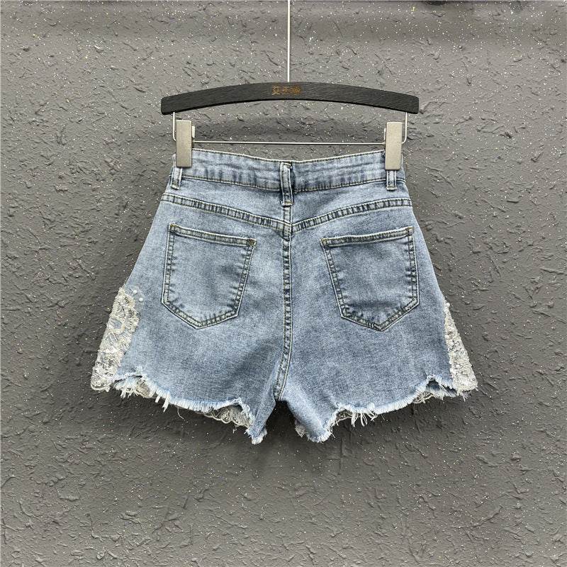 Heavy Industry Western Style Beaded Denim Shorts For Women - Mubimart