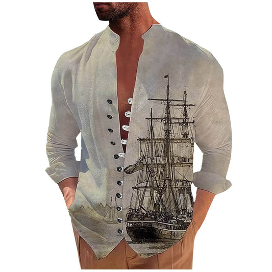Men's Fashion 3D Vintage Print Sailboat Stand Collar Long Sleeve Button-down Shirt - Mubimart