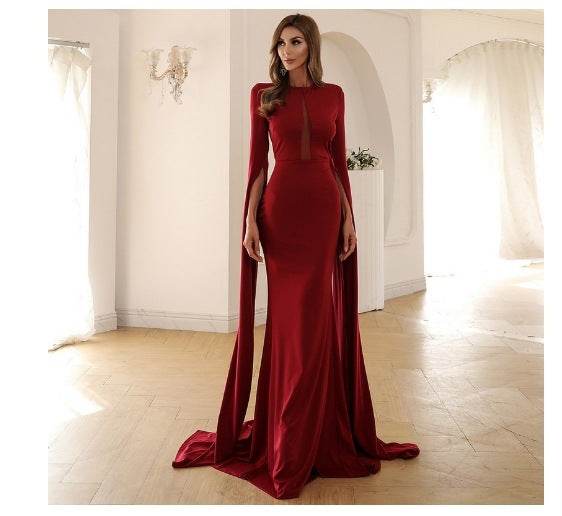Missord Split Sleeve Mesh Insert Maxi Prom Dress - Mubimart