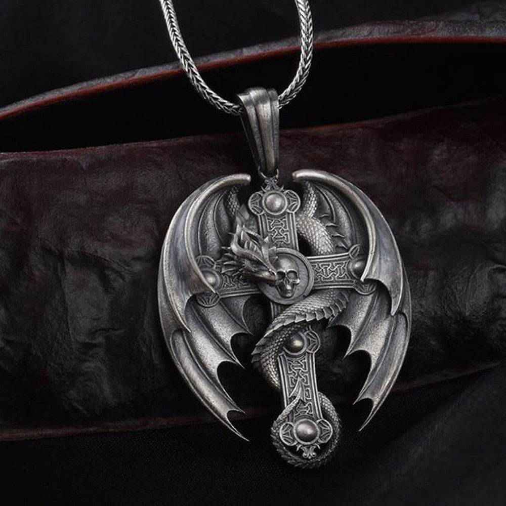 Skeleton Wing Pendant Mens Retro Necklace - Mubimart